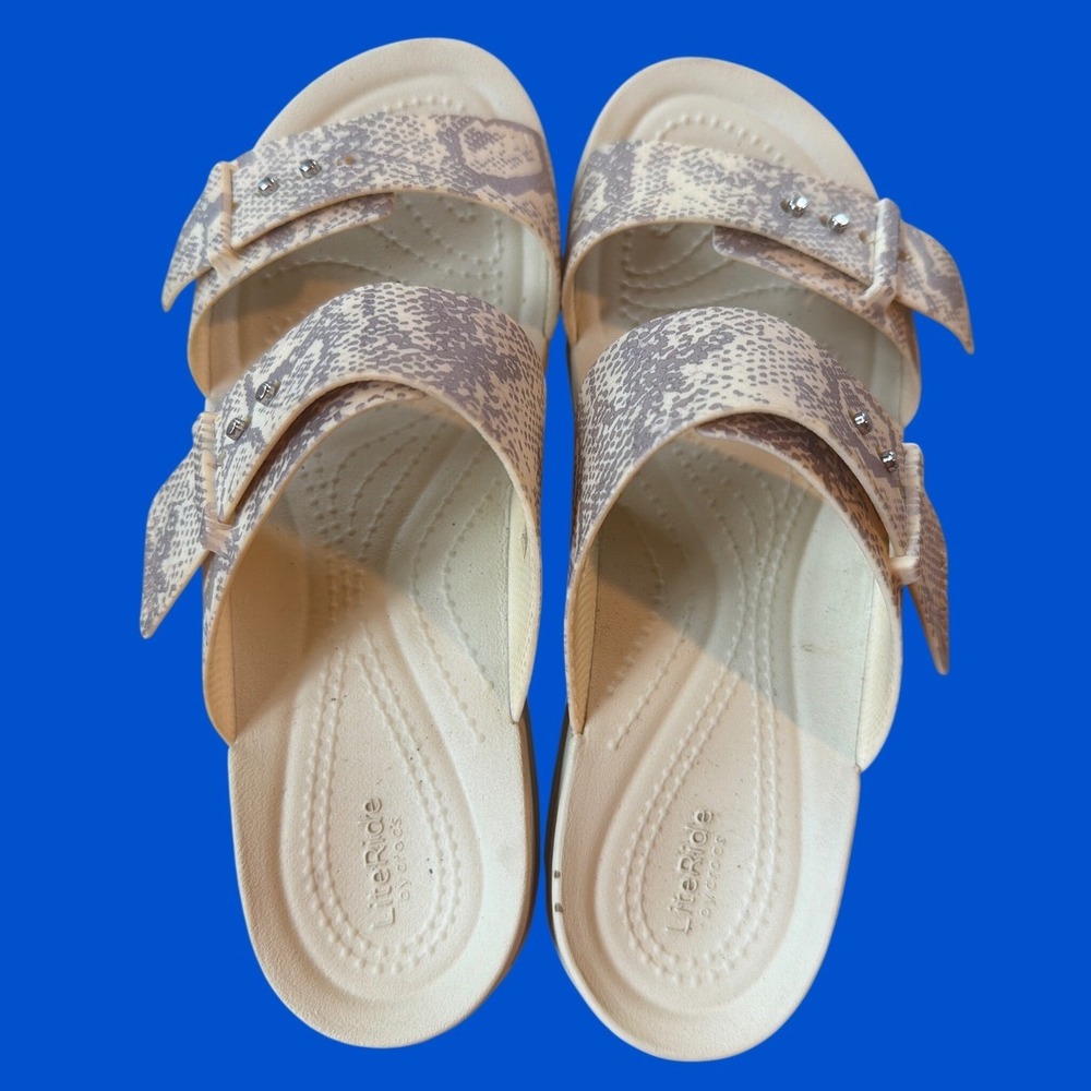 Crocs LiteRide Platform Sandals Womens 8 Snakeskin Print Buckle Slides Comfort